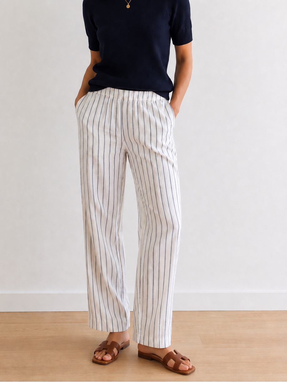 Jenni Kayne Navy Striped Bianca Pant Straight-Leg Small Like New Cotton/Viscose